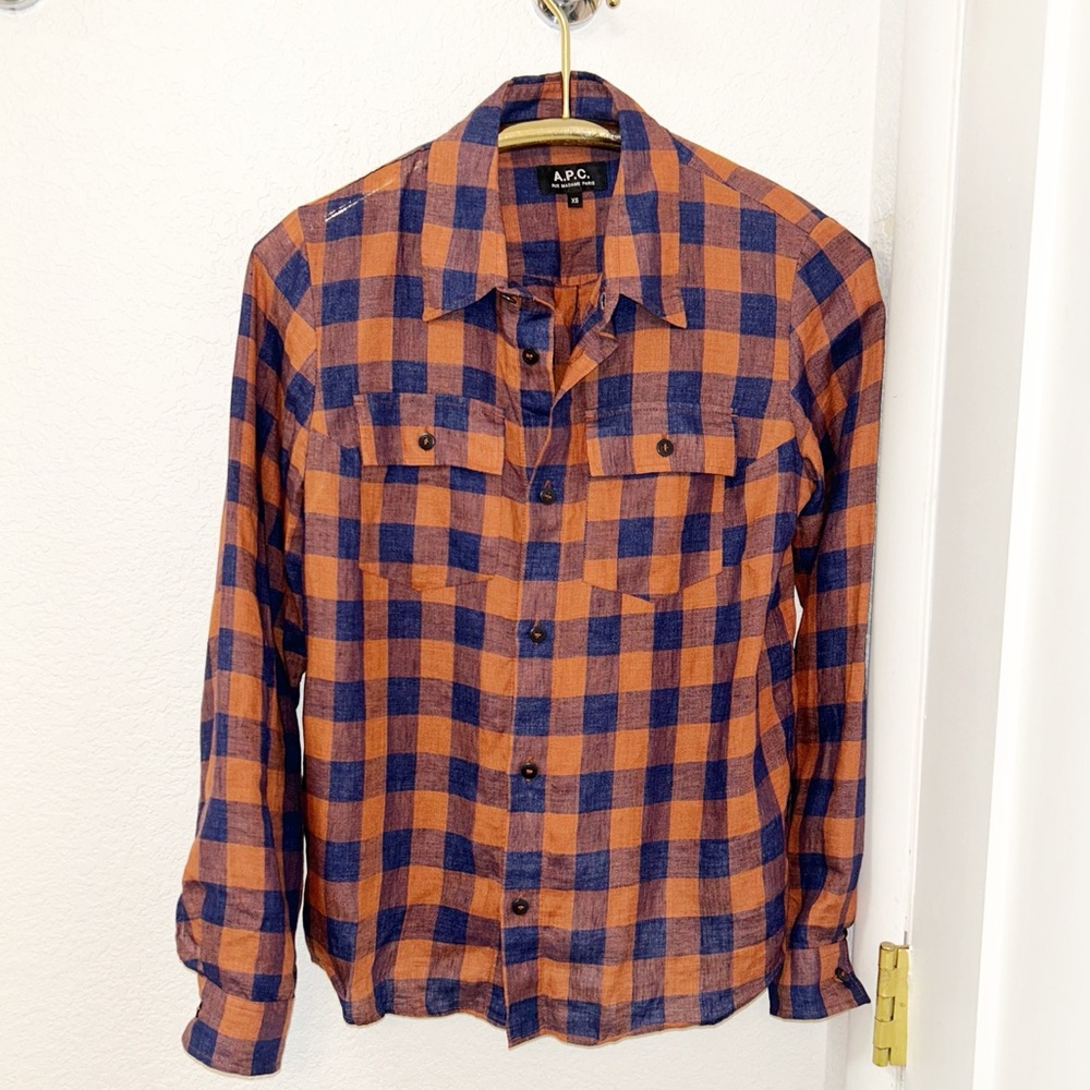 A.P.C. The Cassel💯 Linen Check Print Orange & Navy Button Down Shirt SZ: X-S